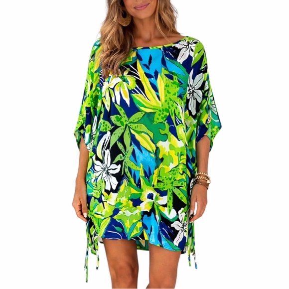 La Blanca Women's Swim Coverup Dolman Sleeve Green Tropical Floral Size Small